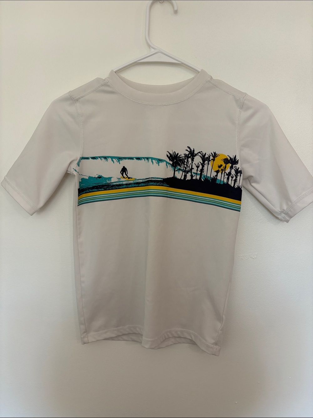 Place White Short Sleeve Surf Graphic Rashguard with Teal and Yellow Accents